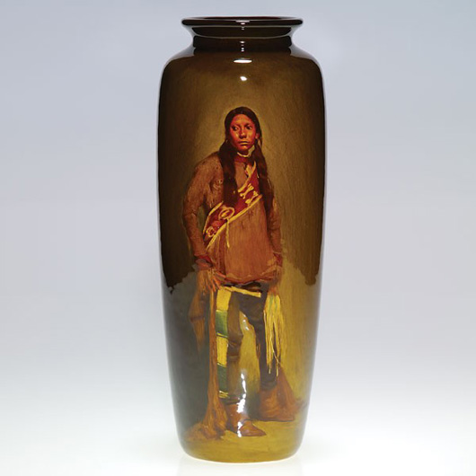 Important Native American portrait vase in Standard glaze, painted by Grace Young for Rookwood in 1900. Marks include the Rookwood logo and date code, shape number 904 C, Young's incised monogram and the incised notation, 'Suriap Ute.' Estimate: $20,000-$25,000. Image courtesy of Humler and Nolan.